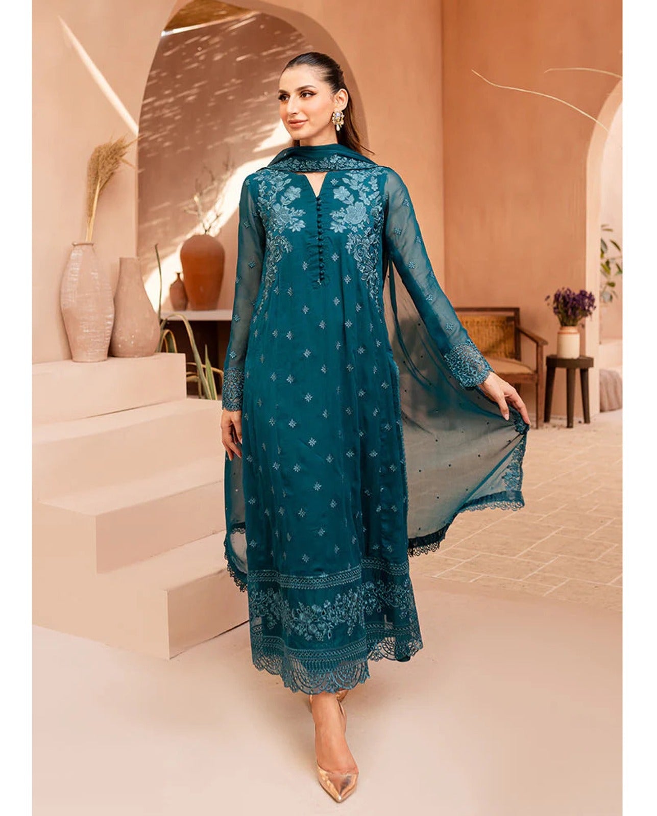 AZURE SOFT CHIFFON EMBROIDERY DRESS 3 PIECE